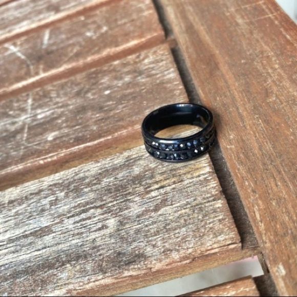 Men's Black Rhodium Over Stainless Steel and Sapphire Wedding Ring 10 - Picture 4 of 7